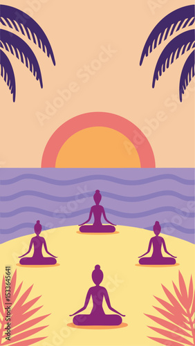 Meditating silhouettes on a beach with sunset sky yoga and relaxation concept