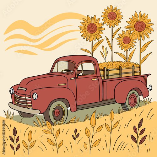 Fall Autumn car vector, pumpkin and sun flower vector design.
