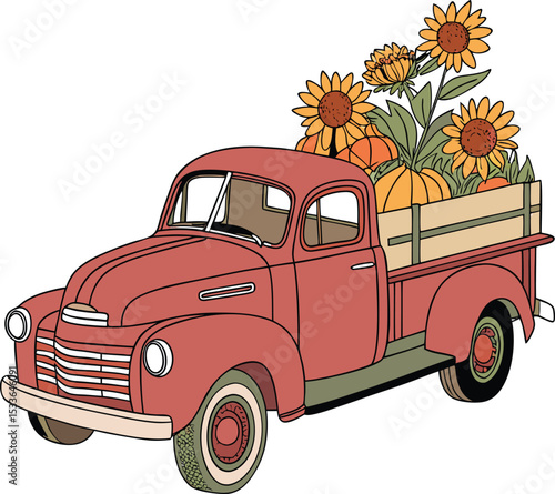 Fall Autumn car vector, pumpkin and sun flower vector design.
