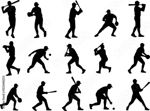 A Set collection of  baseball batter player silhouette with dynamic poses, Perfect for sports themed designs