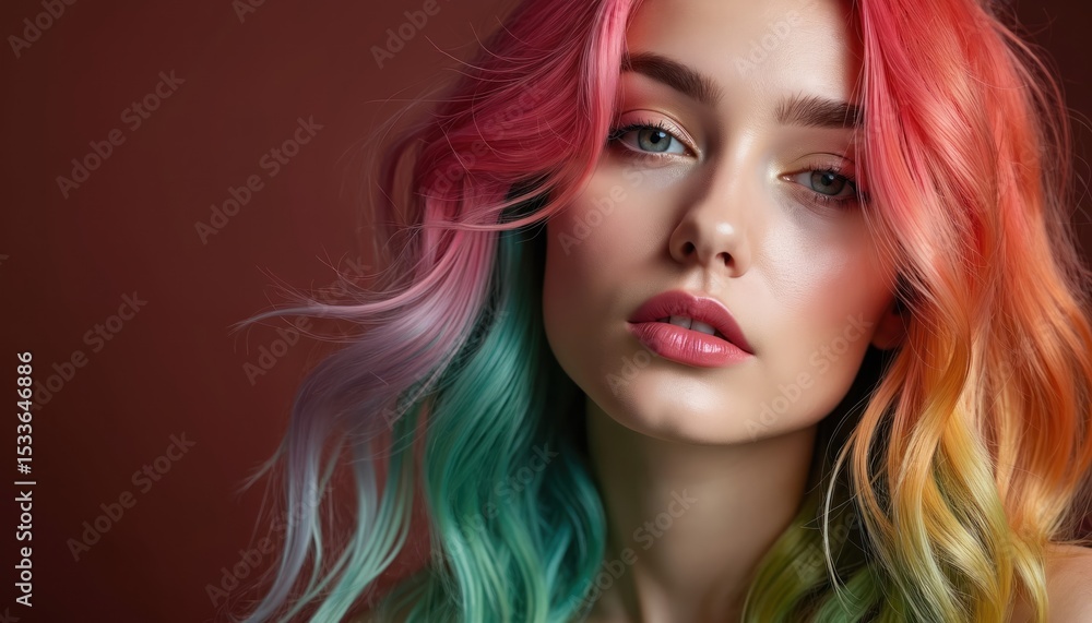 Fototapeta premium Young woman face with colorful, vibrant hair. Model with bold make-up in artistic style. Beauty, fashion, glamour. Creative trendy look. Portrait on brown background.