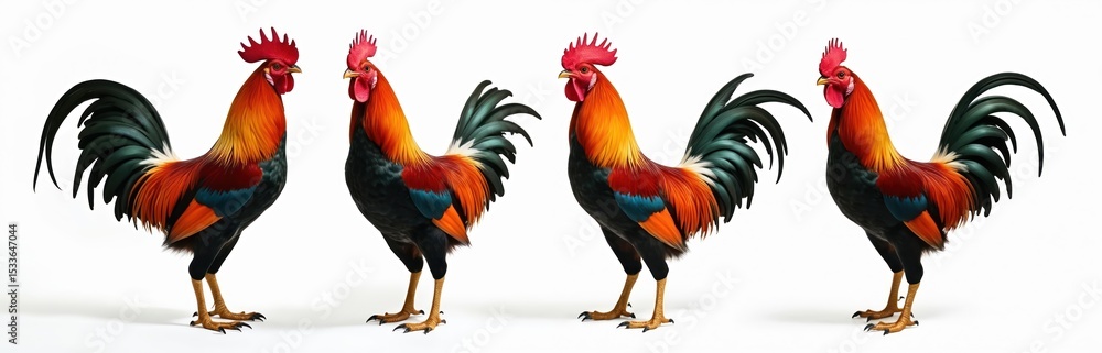 Fototapeta premium Set of colorful free-range male roosters in different poses isolated on white. Roosters with red comb, beautiful feathers. Poultry farm birds, fowl, cockerel animal in various poses. Ideal for farm,
