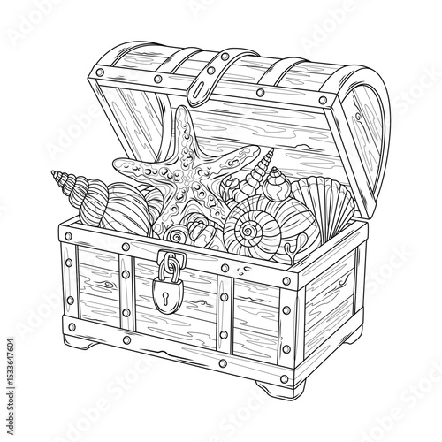 Chest with sea shells and starfish.Coloring book antistress for children and adults.