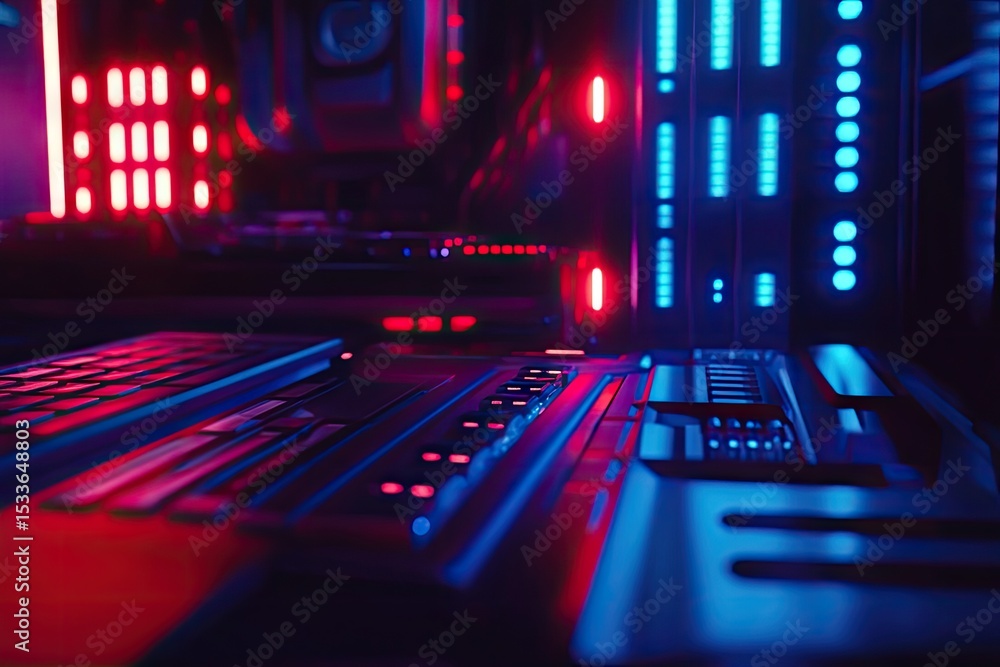 Close-up view of a futuristic gaming rig, bathed in vibrant red and blue neon lighting. Close-up view of a futuristic gaming rig, bathed in vibrant red and blue neon lighting.