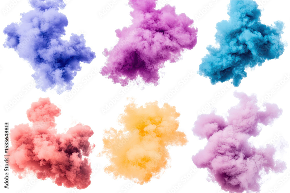 Fototapeta premium Colorful smoke bomb explosions create vibrant clouds in various shades during an outdoor celebration or event amidst clear skies