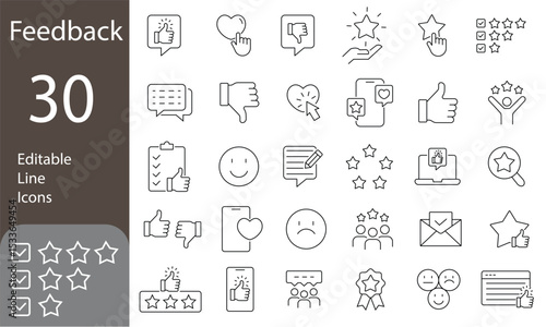 Feedback Editable Line Icons Set. customer review, rating, review, satisfied, survey, quality, feedback review, satisfaction and more. Vector illustration.