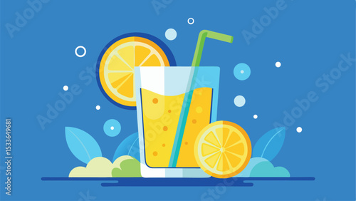 Refreshing lemonade juice illustration featuring glass straw and vibrant citrus fruits