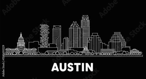 Austin Texas Skyline White outline on black.