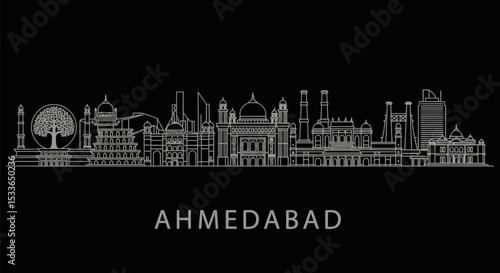 Ahmedabad with India, Skyline, White Line, and Black BG.