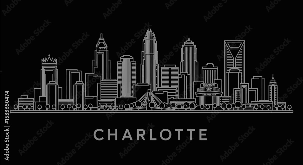 Fototapeta premium Charlotte Skyline Outline with Cityscape, and North Carolina.