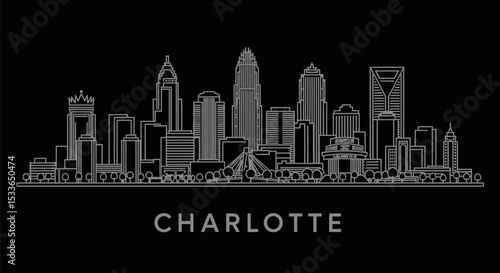 Charlotte Skyline Outline with Cityscape, and North Carolina.