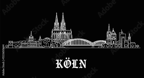 Cologne skyline with Germany, and white line drawing.