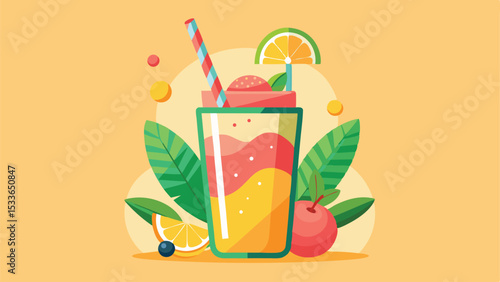 Refreshing summer smoothie drink with colorful fruits and straw in flat vector style