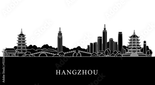Hangzhou Skyline China Vector Cityscape Black.