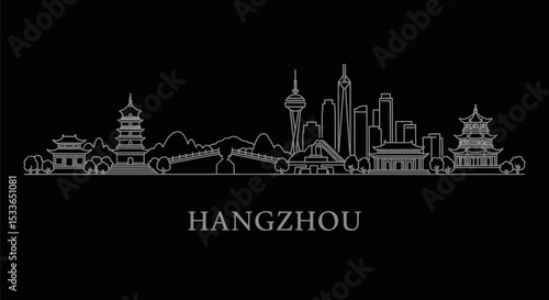 Hangzhou Skyline with China Vector Illustration.
