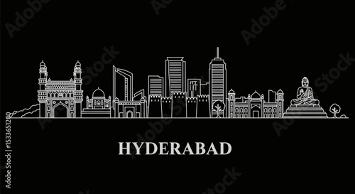 Hyderabad Skyline Outline with Cityscape, India, and Black.