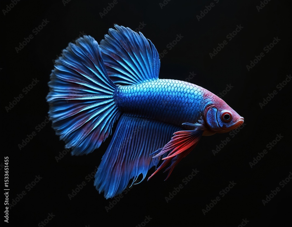 Fototapeta premium Half moon Betta fish isolated on black backdrop. Vibrant blue colors, intricate fin details, red accents. Aquatic pet animal, popular for aquarium, pet shop, home decor.