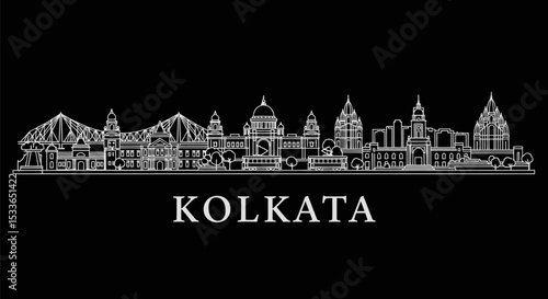 Kolkata Skyline Cityscape White line icon.