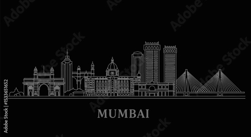 Mumbai Skyline Line Art Modern Cityscape.