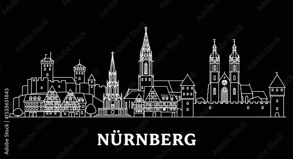 Fototapeta premium Nuremberg Skyline with Black and White, and Line Art.