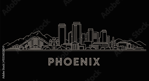 Phoenix Arizona Skyline Outline with Black Background.