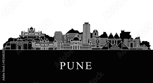 Pune City Skyline with India, Vector, and Black and White.