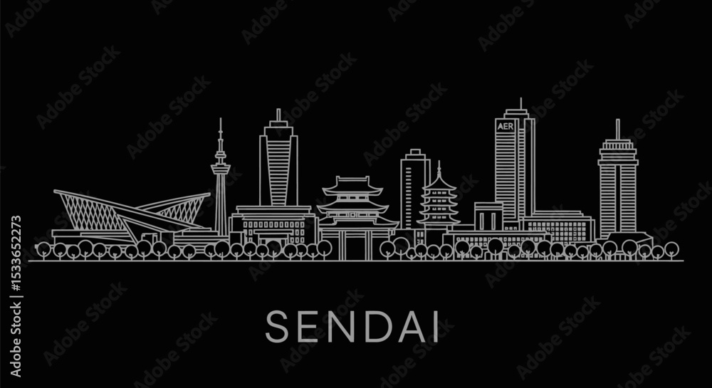 Obraz premium Sendai Japan skyline with vector, cityscape, and travel.