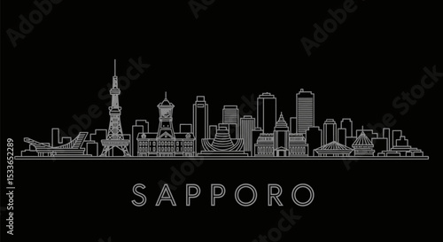 Sapporo Skyline Outline with Japan Cityscape.