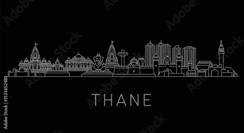 Thane Skyline Outline with India, Cityscape, and Black.