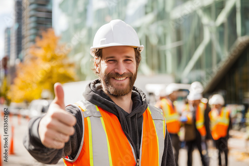 A confident man in PPE giving a thumbs-up with joy, standing tall at an outdoor urban construction area