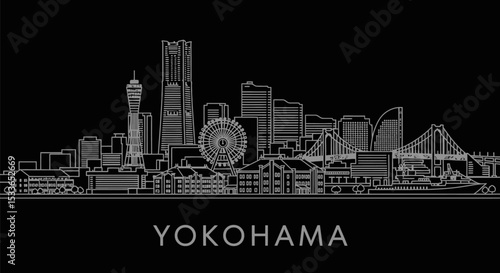 Yokohama Skyline Japan Cityscape with Outline, and Minimal.