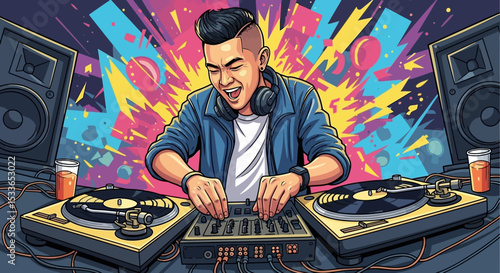 Energetic DJ Performing on Turntable with Colorful Party Background – Vector Illustration