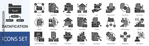 Datafication icon set vector Solid Style repositor, data mining, metadata, data warehouse, data, data extraction, data sharing, data cleaning, lifecycle, data privacy, data discovery