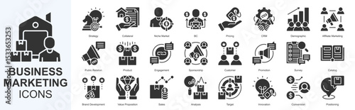 Business Marketing icon set vecvtor Solid Style strategy, collateral, niche market, b2c, pricing, crm, demographic, affiliate marketing, public relation, product, engagement, sponsorship