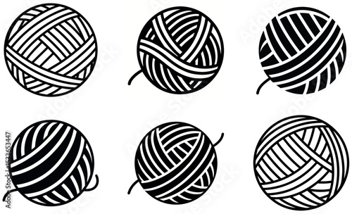Six Black and White Graphics of Yarn Balls for Crochet and Knitting