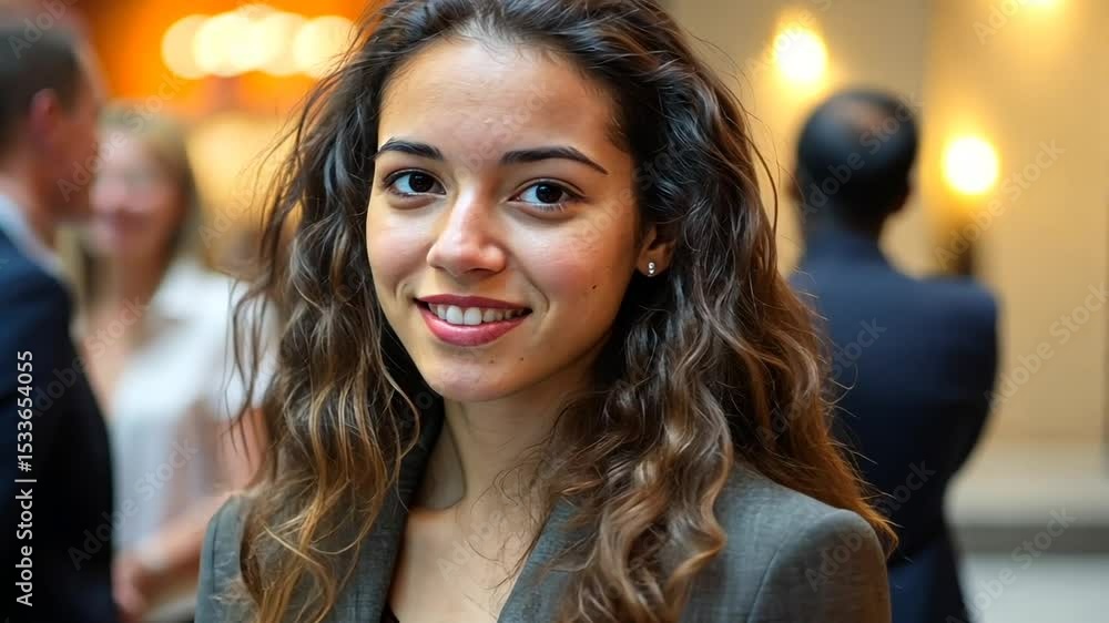 Professional woman smiling at networking event indoors Professional woman smiling at networking event indoors