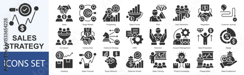 Sales Strategy icon set vector illustration Solid Style Sales, Target Market, Prospecting, Sales Funnel, Pitch, Lead Generation, Negotiation, Customer Journey, Conversion, Closing Deal
