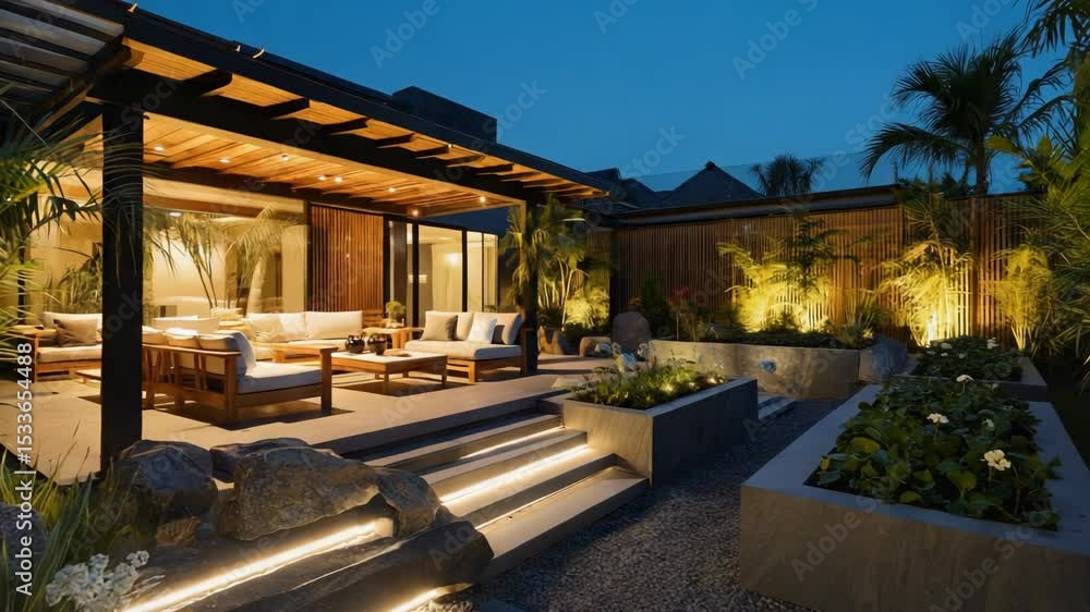 Luxurious Modern Patio Design with Outdoor Seating and Evening Lighting Luxurious Modern Patio Design with Outdoor Seating and Evening Lighting