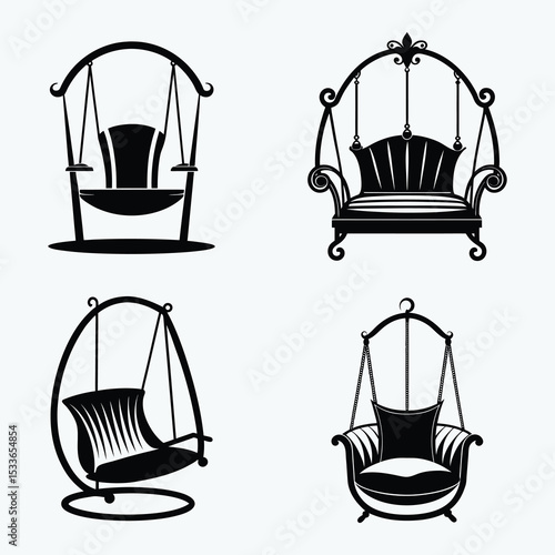 Swing chair silhouette, Swing chair set, hanging seat vector, garden furniture icon, relaxing swing graphic