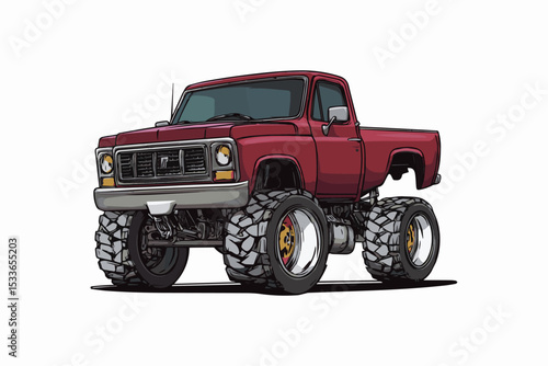 Red pickup truck with oversized tires showcases rugged design and adventure spirit
