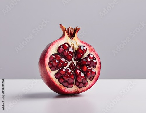 A red pomegranate cracked open showing the seeds inside, isolated on clean background, sharp detail