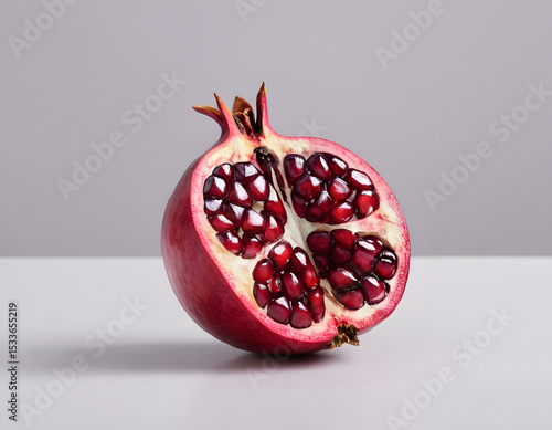 A red pomegranate cracked open showing the seeds inside, isolated on clean background, sharp detail