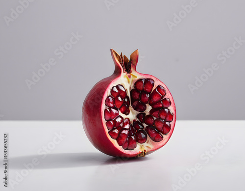 A red pomegranate cracked open showing the seeds inside, isolated on clean background, sharp detail