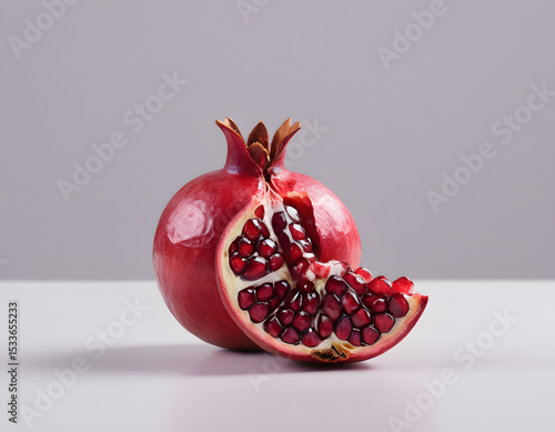 A red pomegranate cracked open showing the seeds inside, isolated on clean background, sharp detail