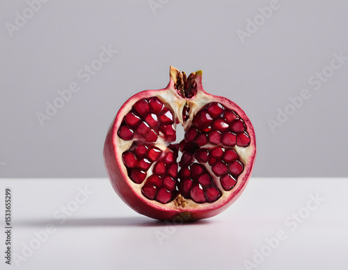 A red pomegranate cracked open showing the seeds inside, isolated on clean background, sharp detail