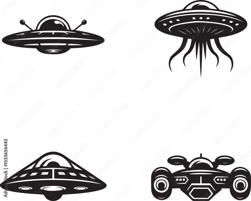 Alien spaceship silhouette set vector illustration isolated On Transparent Background Alien spaceship silhouette set vector illustration isolated On Transparent Background