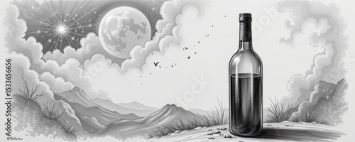 Monochrome Drawing of Wine Bottle Under a Night Sky with a Full Moon