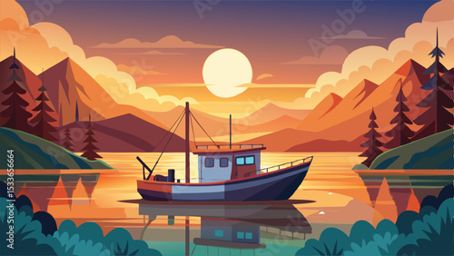 Scenic sunset landscape illustration featuring boat and mountainous scenery transparent vector