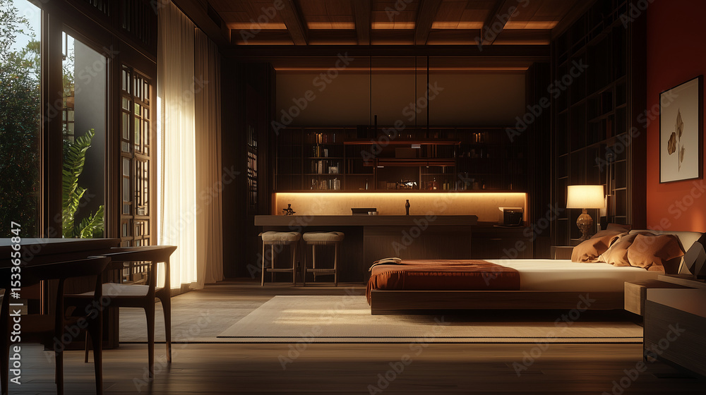 Naklejka premium Elegant Modern Chinese Bedroom Interior with Warm Red and Wood Tones