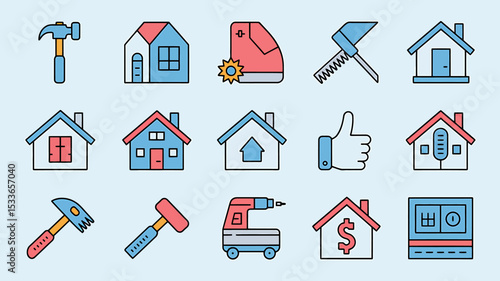 Illustrated Icons of Construction Tools and Residential Houses